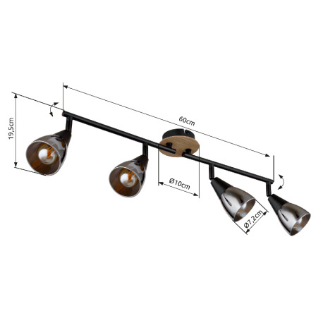 Stropné svietidlo, bodové, kov čierny matný, drevo hnedé, sklo dymové, nastaviteľné, DxŠxV: 600x100x 7