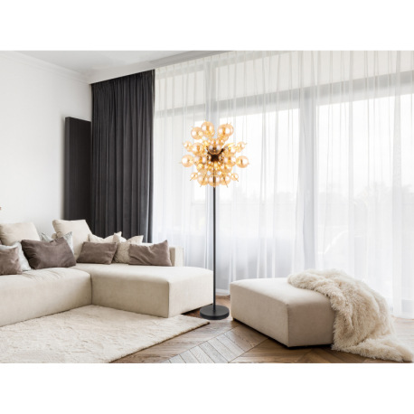 Stojanové svietidlo, kov čierny, kov zlatej farby, sklenené gule jantárové, kábel PVC čierny, vyínač 9