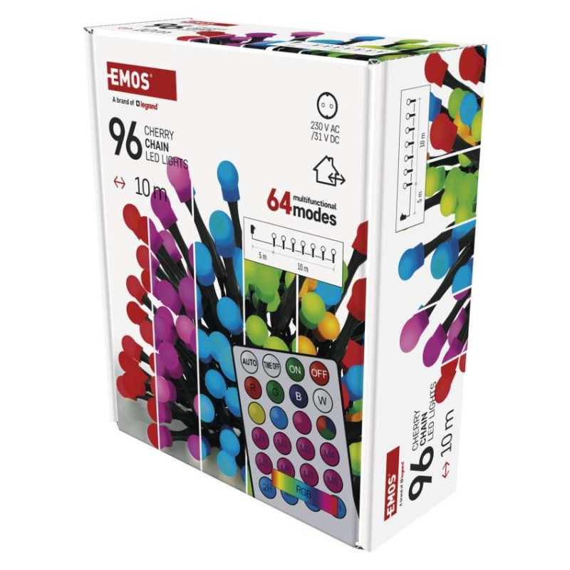LED vianočná cherry reťaz – guličky, 10 m, RGB, ovládač, programy, časovač