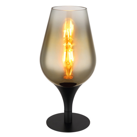 Stolové svietidlo, kov čierny, sklo zlatej farby, priehľadné, textilný kábel čierny, kolískový vypín