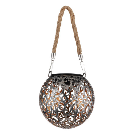 Solárne svietidlo, kov sivý, antik, kov medený, plast čierny, konopné lano, vypínač, akumulátor AAA 10