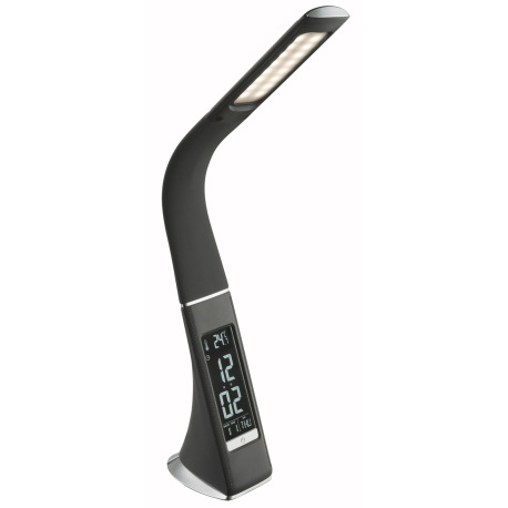 Stolová lampa, plast, šedá, chróm, s hodinami a budíkom, flexo, zmena farby svetla, CCT 3000-4500-58 7