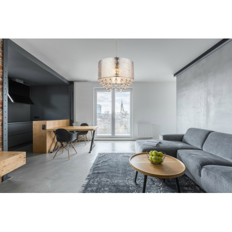 Závesné svietidlo, kov nikel matný, plast, textil strieborný, akrylové krištále priehľadné, ø 400, V 2