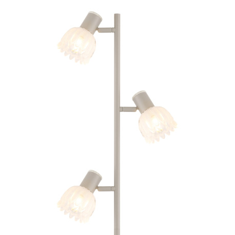 Stojacia lampa, kov matnej pieskovej farby, kov s imitáciou dreva, saténové sklo, kábel PVC čierny, 5