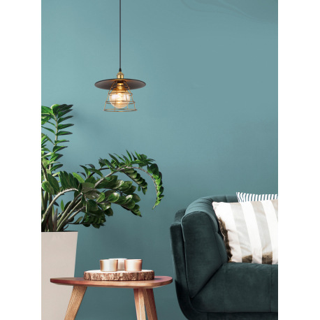 Závesné svietidlo, kov čierny, mosadz, kovové pletivo, čierny PVC kábel, ø: 300mm, V:1500mm, bez žia 1