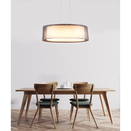 Závesné svietidlo, kov nikel matný, plast, textil sivý, satinovaný akryl, výška tienidla 20 cm, DxŠx 1