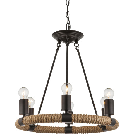 Závesné svietidlo, kov, čierna, hnedé konopné lano, Ø: 500, V: 1260, bez žiaroviek 6xE27, max. 40W 2 8
