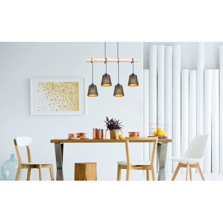 Závesné svietidlo, drevo, kov čierny a zlatý, DxŠxV: 850x170x1200, bez žiaroviek 4xE27, max. 60W 230 2