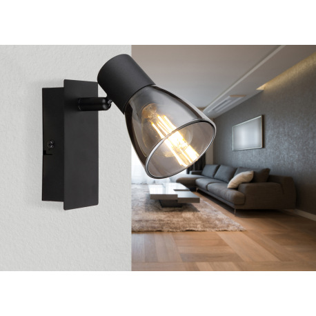 Nástenné svietidlo, kov čierny, dymové sklo, s vypínačom, ŠxV:70x140mm, H: 155mm, bez žiarovky 1x E1 11