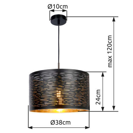 Závesné svietidlo, kov čierny, plast čierny a zlatý, Ø380, V:1200, bez žiarovky 1xE27, max. 40W 230V 8