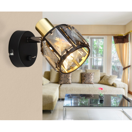 Nástenné svietidlo, kov čierny, kov zlatý, sklenené krištále dymové, s vypínačom, ŠxV:92x125mm, H: 1 1