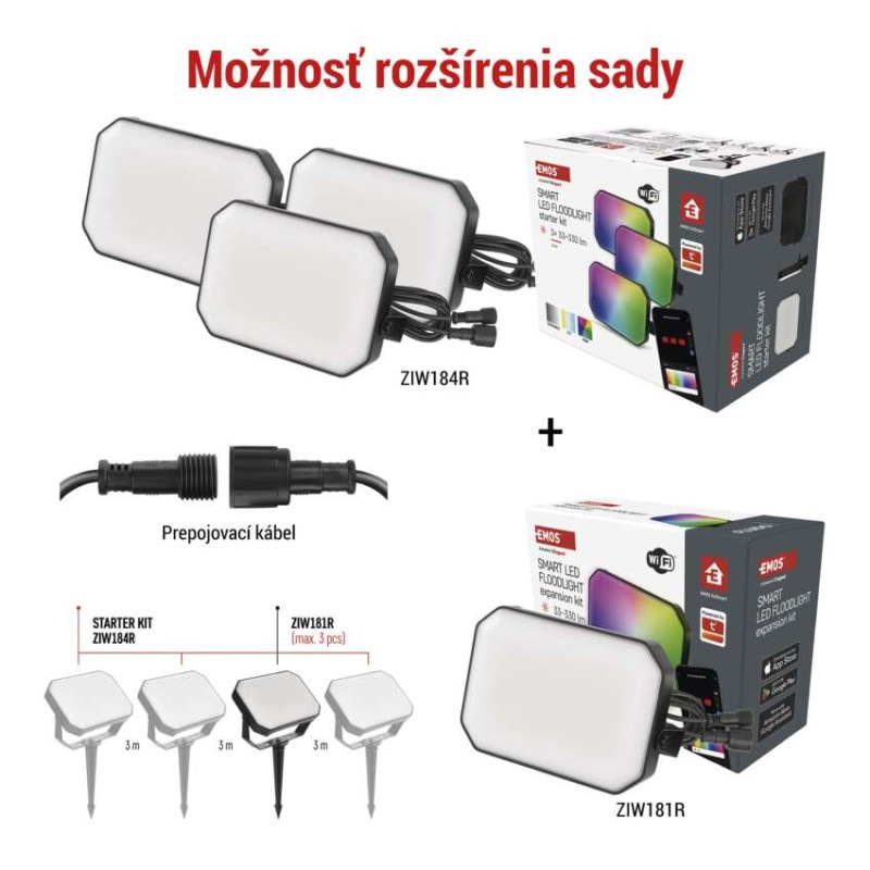 GoSmart vonkajší LED reflektor, štartovacia sada, 3 diely, 14 W, RGBIC stmievateľný, WiFi 6
