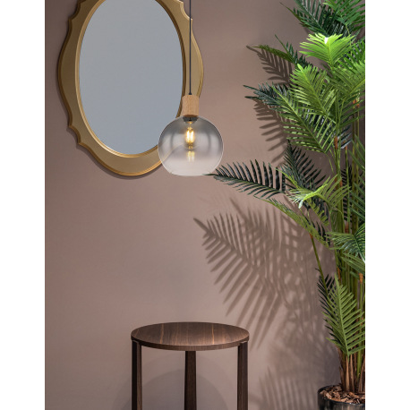 Závesné svietidlo kov čierny matný, MDF, imitácia tmavého dreva, dymové sklo, textilný kábel čierny, 11