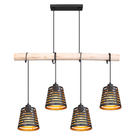 Závesné svietidlo, drevo, kov čierny a zlatý, DxŠxV: 850x170x1200, bez žiaroviek 4xE27, max. 60W 230 14