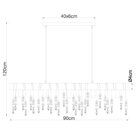 Závesné svietidlo, kov čierny, drevo hnedé, sklenené krištále, textilný čierny kábel, DxŠxV:900x60x1 11