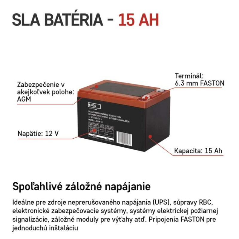 Bezúdržbový olovený trakčný aku. 12 V/15 Ah, faston 6,3 mm 1