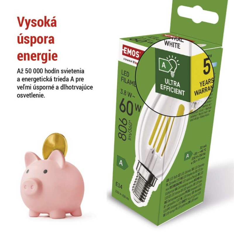 LED žiarovka Filament sviečka A CLASS/ E14 / 3,8 W (60 W) / 806 lm / neutrálna biela 3