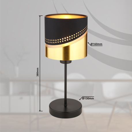 Stolové svietidlo, kov čierny, textil čierny, plast zlatej farby, kábel PVC čierny, kolískový vypína 10