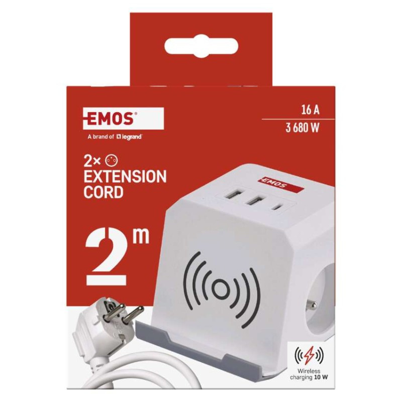 Predlžovací kábel - kocka 2 m / 2 zásuvky / biely / 2×USB-A + 1×USB-C+Qi / 1,5 mm2 1