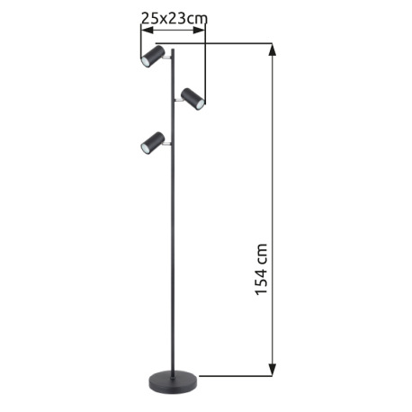 Stojacia lampa, kov čierna matná, DxŠxV: 250x230x1540mm, dĺžka kábla 1800mm, bez žiaroviek 3x GU10 L 16