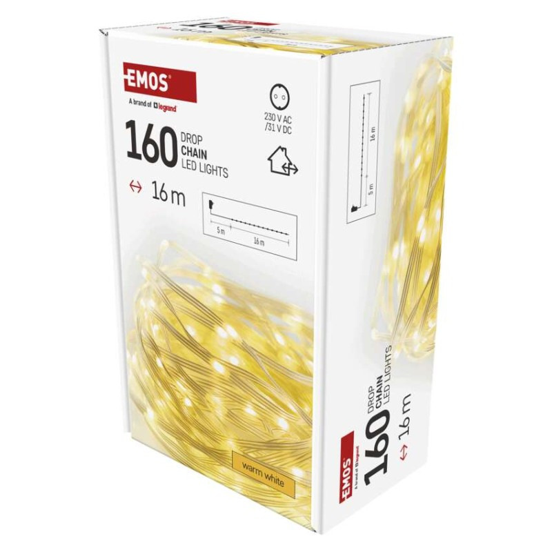 LED vianočná drop reťaz, 16 m, vonkajšia aj vnútorná, teplá biela, časovač