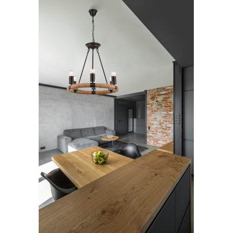 Závesné svietidlo, kov, čierna, hnedé konopné lano, Ø: 500, V: 1260, bez žiaroviek 6xE27, max. 40W 2 1