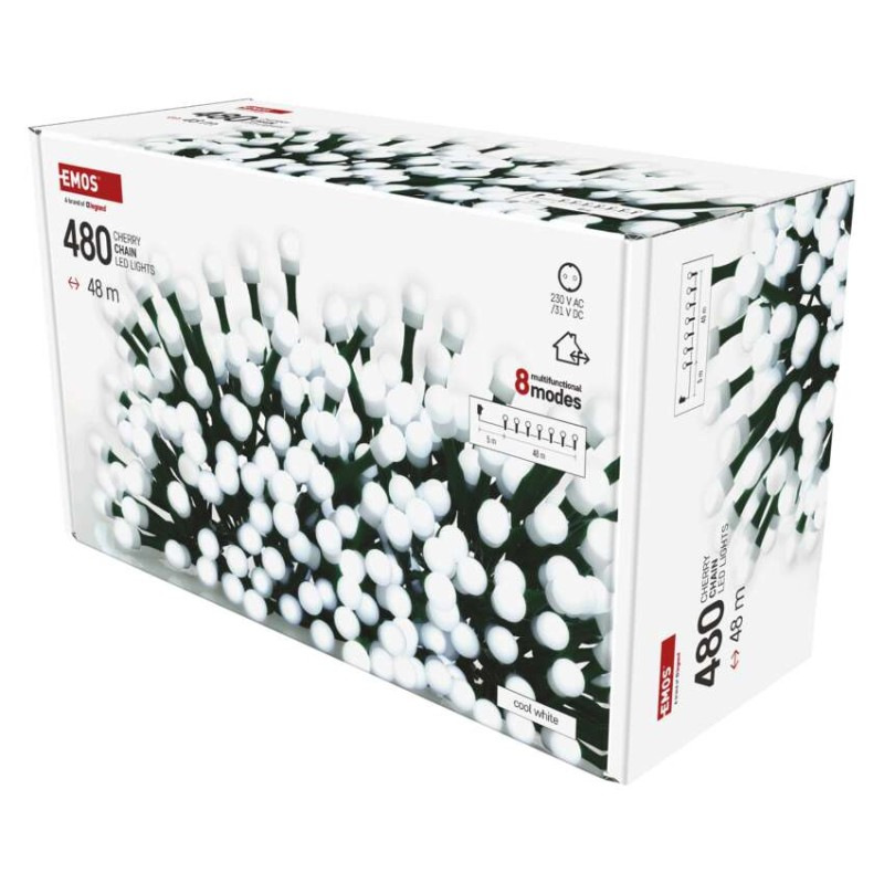 LED vianočná cherry reťaz–guličky, 48 m, vonkajšia aj vnútorná, st. biela, programy, čas