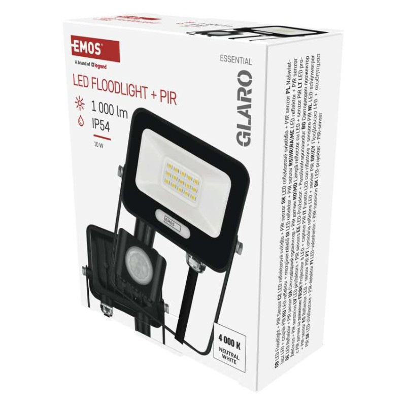 LED reflektor GLARO s pohybovým čidlom, 10 W, čierny, IP54, 1000 lm, neutrálna biela
