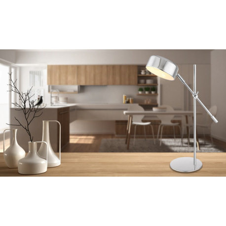 Stolová lampa, kov chróm, plast satinovaný, nastaviteľné pomocou kĺbu, kábel 1,5m, vypínač, DxŠxV:42 9