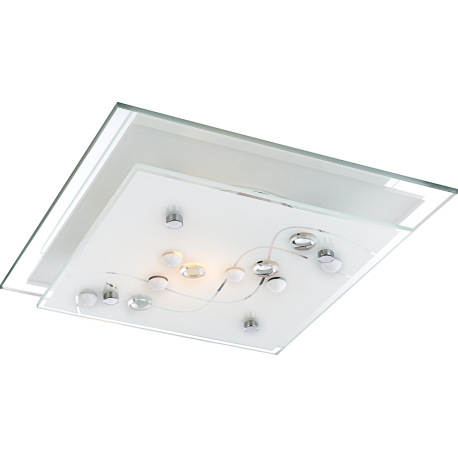 Stropné svietidlo, kov chróm, satinované sklo, dekoratívne kamienky, zrkadlový okraj, DxŠxV: 240x240