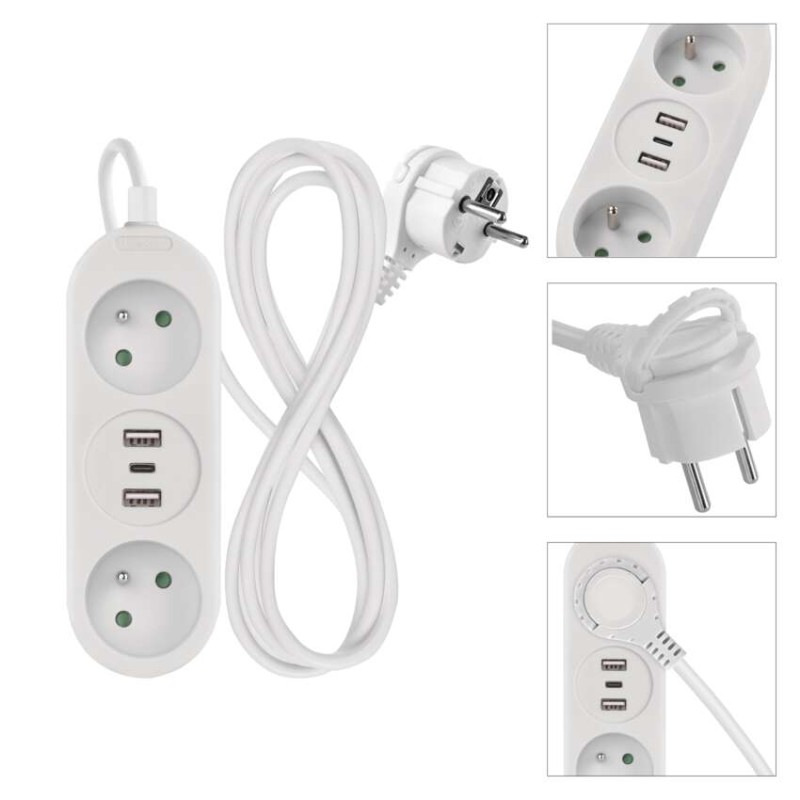 Predlžovací kábel 1,4 m / 2 zásuvky+2×USB-A+1×USB-C / biely / PVC / 1,5 mm2 12