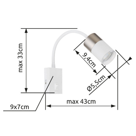 Nástenné svietidlo, kov biely, hliník nikel matný, hliník biely, plast priehľadný, kábel PVC biely, 16