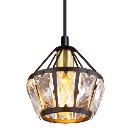 Závesné svietidlo, kov čierny matný, kov mosadz, kovové tyče čierne matné, sklenené krištále priehľa 11
