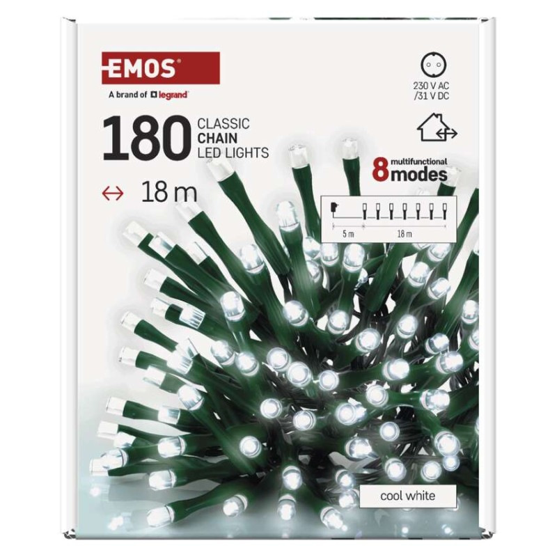 LED vianočná reťaz, 18 m, vonkajšia aj vnútorná, studená biela, programy, časovač 12