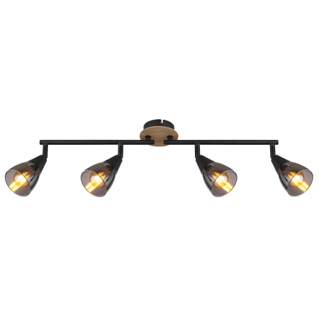 Stropné svietidlo, bodové, kov čierny matný, drevo hnedé, sklo dymové, nastaviteľné, DxŠxV: 600x100x 3