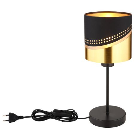 Stolové svietidlo, kov čierny, textil čierny, plast zlatej farby, kábel PVC čierny, kolískový vypína 6
