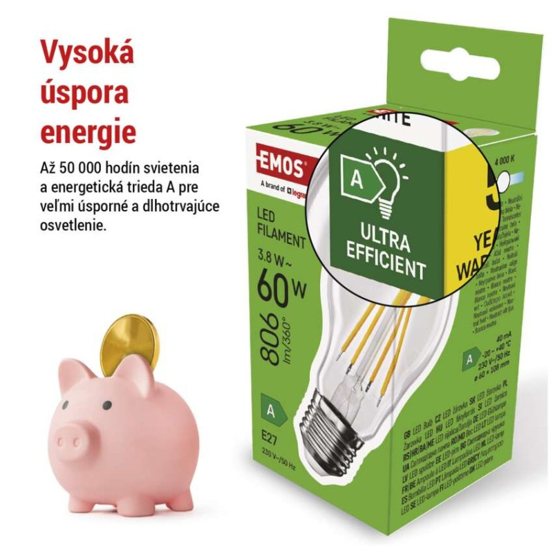 LED žiarovka Filament A60 A CLASS/ E27 / 3,8 W (60 W) / 806 lm / neutrálna biela 2