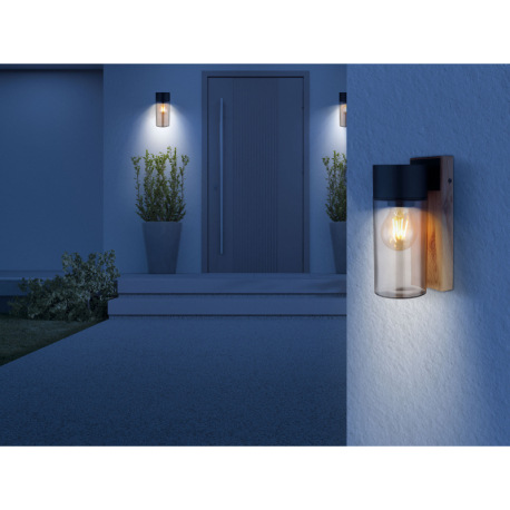 Vonkajšie svietidlo nerezová oceľ imitácia dreva, nerezová oceľ čierna matná, sklo dymovej farby, sm 1