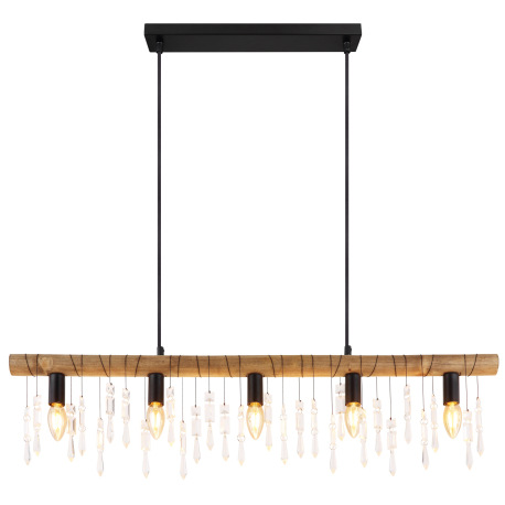 Závesné svietidlo, kov čierny, drevo hnedé, sklenené krištále, textilný čierny kábel, DxŠxV:900x60x1 15