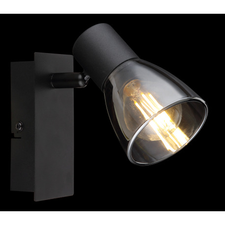 Nástenné svietidlo, kov čierny, dymové sklo, s vypínačom, ŠxV:70x140mm, H: 155mm, bez žiarovky 1x E1 2