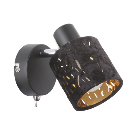 Nástenné svietidlo, kov čierny, kov chróm, zamat čierny, tienidlo s dekorom, z vnútra zlaté, vypínač 9