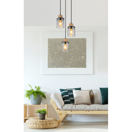 Závesné svietidlo, kov čierny matný, drevo, sklo dymové, kábel PVC čierny, ø:270mm, V: 1200mm, bez ž 5