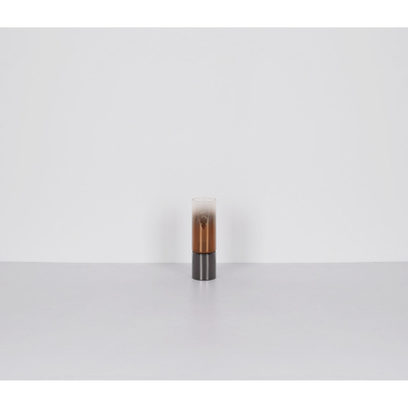 Stolové svietidlo, kov čierny chróm, sklo medenej farby, priehľadné, textilný kábel čierny, dotykové 12