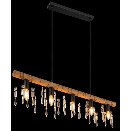 Závesné svietidlo, kov čierny, drevo hnedé, sklenené krištále, textilný čierny kábel, DxŠxV:900x60x1 13