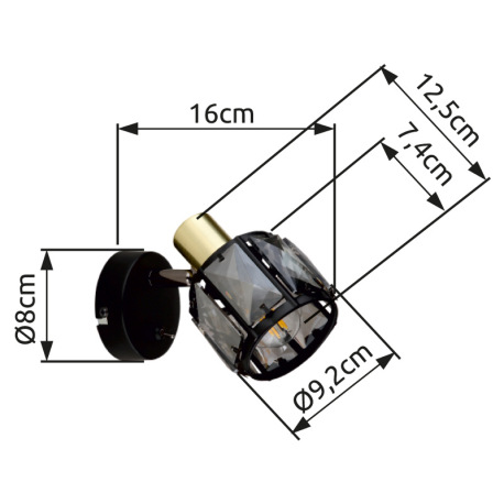Nástenné svietidlo, kov čierny, kov zlatý, sklenené krištále dymové, s vypínačom, ŠxV:92x125mm, H: 1 18