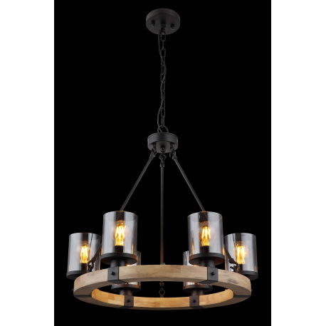 Závesné svietidlo kov čierny matný, drevo tmavohnedé, sklo dymovej farby, kábel PVC čierny, ø: 590 m 2