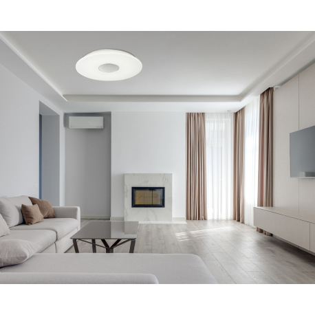 Stropné svietidlo, biele, plast opál, s 6W 70db reproduktorom, Bluetooth, zmena farby svetla 3000-60 12