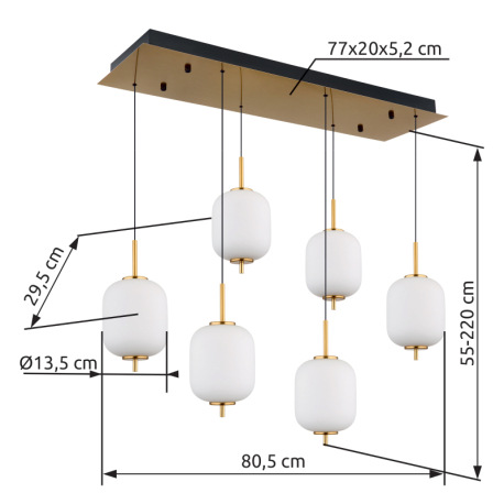 Závesné svietidlo, mosadzný kov, matný čierny kov, biele sklo, čierny PVC kábel, DxŠxV: 805x295x2200 14
