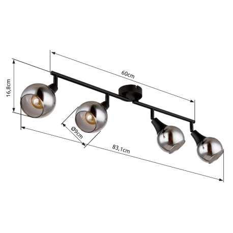 Stropné svietidlo, čierny kov, sklo dymové, nastaviteľné, DxŠxV: 600x90x168mm, bez žiaroviek 4xE14, 9