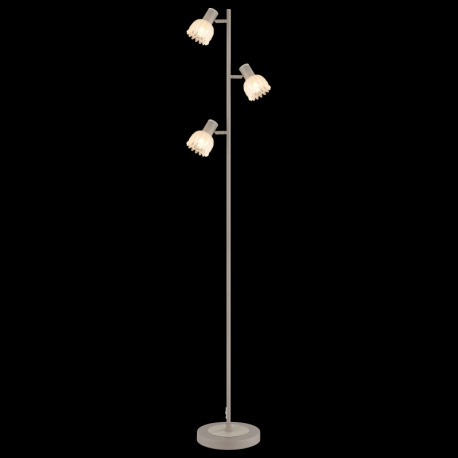Stojacia lampa, kov matnej pieskovej farby, kov s imitáciou dreva, saténové sklo, kábel PVC čierny, 11